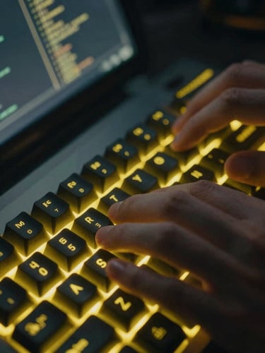 Macro close-up of developer hands typing on a mechanical keyboard under moody yellow LED backlight, technical console code visible on screen, 35mm