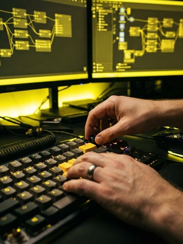 Macro close-up of a game developer hand adjusting code on a mechanical keyboard, illuminated by sharp hazard-yellow neon light glowing from a dual-monitor setup showing a GDevelop event sheet, dark cyber-industrial photography, 35mm.