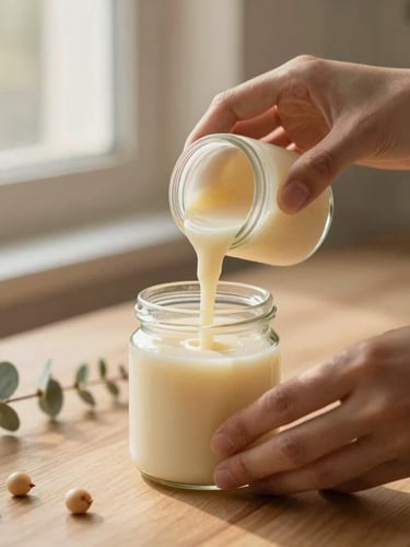 Hands of an artisan carefully pouring warm liquid soy wax into a minimalist glass jar, soft morning light, botanical sprigs on a wooden table, 35mm