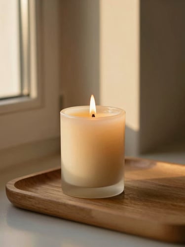 A close-up portrait of a burning soy candle on a minimalist wooden tray, warm golden-hour light streaming through a window, soft shadows on cream-colored walls, shallow depth of field, 35mm photography.