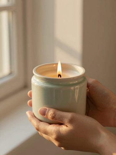 Close-up of hands holding a warm, burning soy candle in a ceramic jar, soft golden hour morning light, shallow depth of field, 35mm