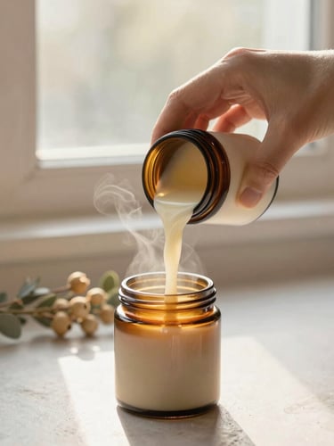 Hands carefully pouring warm liquid soy wax into a minimal amber glass jar, soft morning sun illuminating the steam, botanical sprigs in the background, warm neutral tones, shallow depth of field.