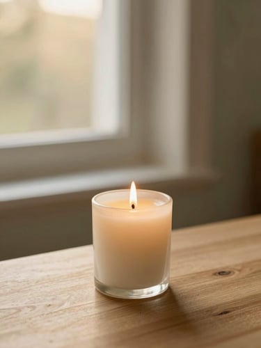 A lit candle on a wooden table, warm golden-hour window light, soft cream and sage tones, shallow depth of field, 35mm