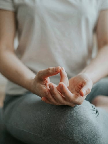 A close-up of hands in a meditative pose, soft backlit ambient light, muted pearlescent and obsidian tones, shallow depth of field, 35mm