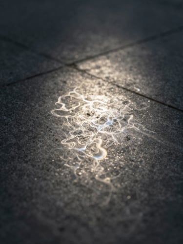 Ethereal fine-art photography of abstract light refractions on a dark, textured stone surface, soft backlit ambient light with a gentle pearlescent glow, shallow depth of field, 35mm.