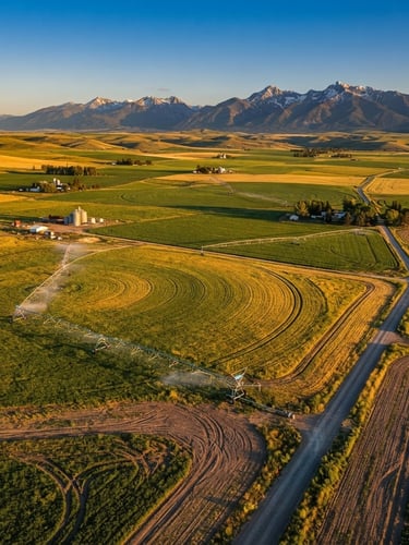 Expansive Idaho crop fields under a clear golden-hour sky, with visible irrigation lines, shot from a low aerial perspective.