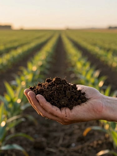Wide shot of a hand holding rich, dark Idaho soil in a field at golden hour, sun-drenched, with blurred green crops in the background.