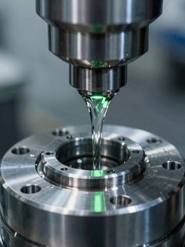 Cool-toned close-up of a high-precision CNC machining spindle in action, clean fluid flowing over a pristine metal part, sharp green reflections on metallic surfaces.