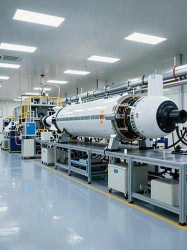 Wide environmental shot of a clean, automated aerospace manufacturing plant floor, cool high-key lighting with subtle blue reflections on metallic surfaces, pristine and organized.