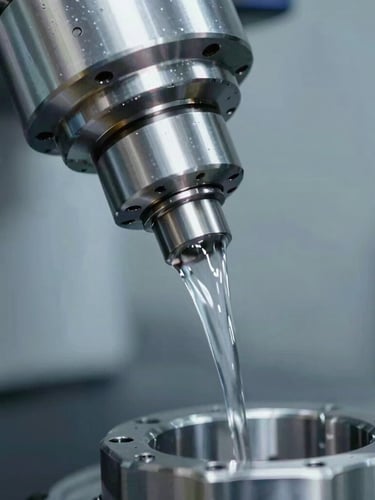 High-key, cool-toned extreme close-up of a high-precision CNC machining spindle in action, clean fluid flow with sharp reflections on the metallic workpiece.