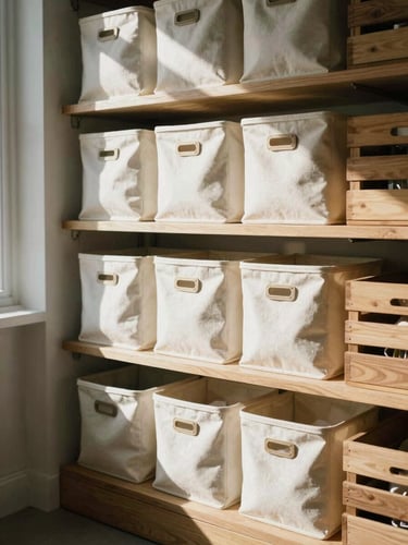 Bright eye-level shot of a pantry with natural daylight, featuring neatly labeled canvas bins and wooden crates on open shelves.