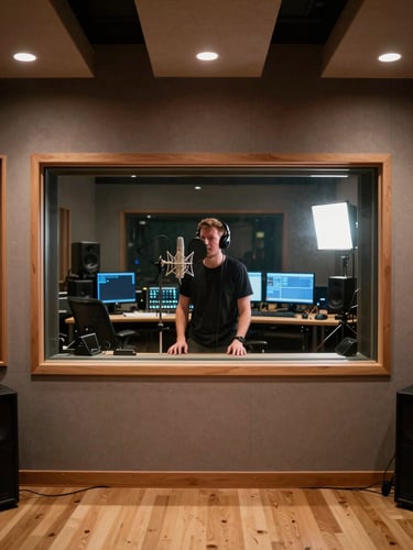 Wide shot of a professional recording studio interior, artist mid-vocal in the booth visible through a glass partition, acoustic treatment panels on walls, studio strobe lighting on the performer, dark ambient glow from equipment screens, cool production energy