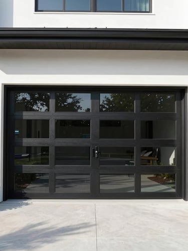 Straight-on architectural elevation of a modern black aluminum and glass garage door on an upscale Greenwich home, bright morning daylight, crisp shadows