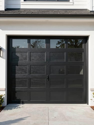 A crisp straight-on architectural shot of a modern black aluminum and glass garage door on an upscale Greenwich home, bright morning daylight with clean sharp shadows.