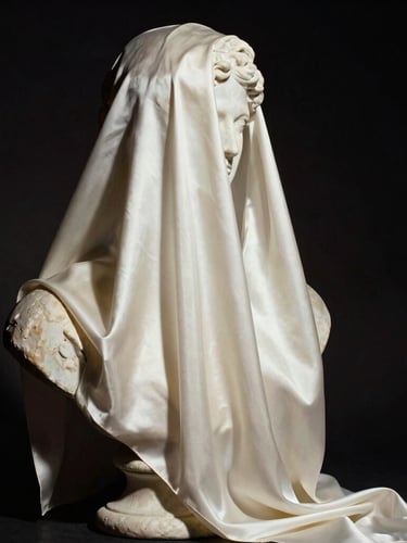 Dramatic high-contrast vertical editorial crop of a silk fabric draped over a classical stone bust, sharp studio key light, deep obsidian shadows
