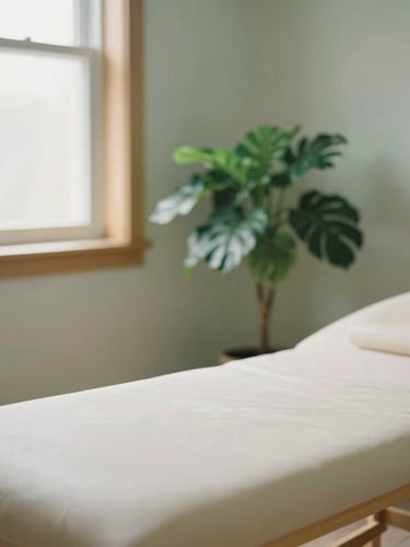 Soft-focus detail of a light-filled therapy room with natural wood, a green plant, warm natural daylight from a side window, muted sage and sand tones, 35mm