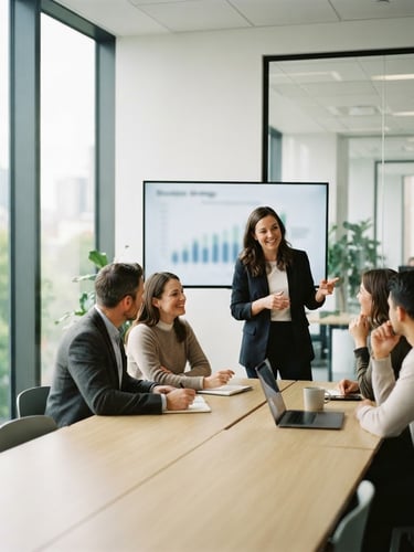 Modern corporate team collaborating in a bright, minimalist workshop, one person presenting on a screen, others engaged in discussion, natural window light, shallow depth of field, professional, 35mm