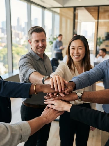 Close-up of diverse corporate team members stacking hands together in a bright, modern architectural office, warm natural light, professional atmosphere, shallow depth of field