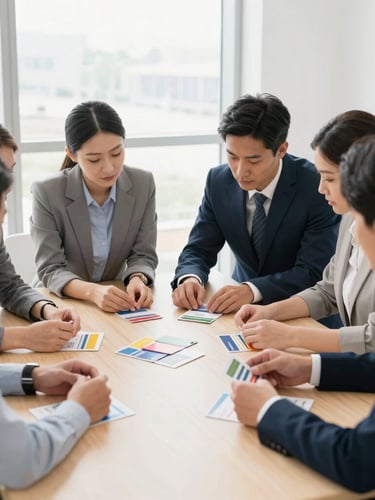 Focused corporate team collaborating around a minimalist wooden table, analyzing colorful workshop cards, bright diffused side light, professional 35mm photography