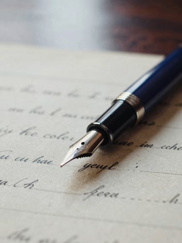 Macro close-up of a vintage fountain pen resting on aged legal parchment, soft natural window light, shallow depth of field, 35mm film style.