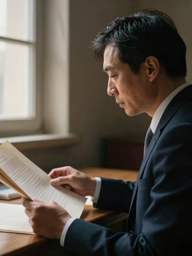 Side profile of an auditor examining heavy paper documents under low-key natural window light, deep shadows, professional and serious atmosphere.