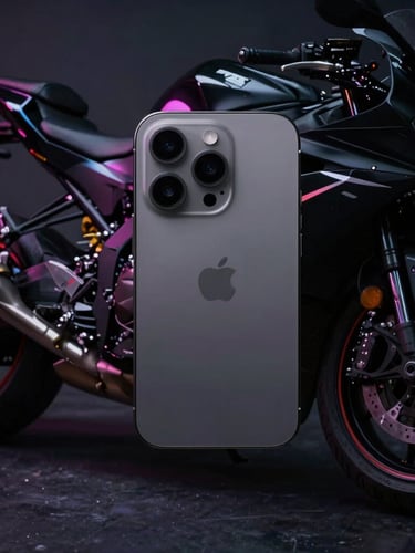 Clean flat-lay shot of a sleek iPhone 17 Pro, dark background, subtle neon reflections, high-contrast, sharp focus.