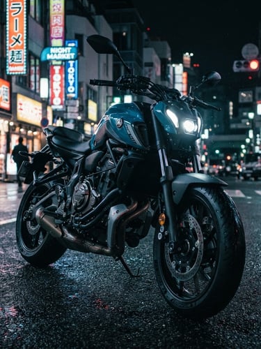 Low-angle heroic shot of a Yamaha MT-07 in pristine condition, aggressive front headlight on, urban night photography, neon reflections, high-contrast dark tones, sharp focus, 35mm lens.