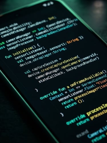 Extreme close-up of a flagship Android screen displaying clean IDE code with glowing green syntax highlighting, dark-mode studio lighting, 35mm macro lens