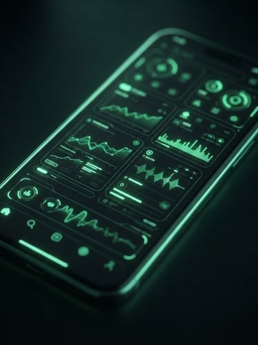 Moody low-key studio macro shot of a flagship Android screen displaying a high-fidelity dark-mode user interface, glowing neon green edge-lighting, sharp 35mm details