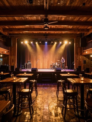Wide environmental shot of an intimate wood-paneled southern venue interior before a show, stage lights warming up in amber and gold, empty bar stools and low tables in foreground, stage backdrop visible, no people, the room itself as subject