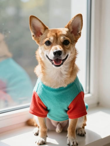 A happy small dog wearing a colorful handmade teal shirt, sitting comfortably near a sunny window, warm editorial photography, 50mm