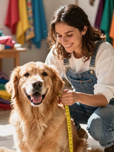 Bright editorial photo of a smiling woman in a sunlit Celaya workshop carefully measuring a happy golden retriever, colorful fabrics in background, warm natural daylight, shallow depth of field, 50mm
