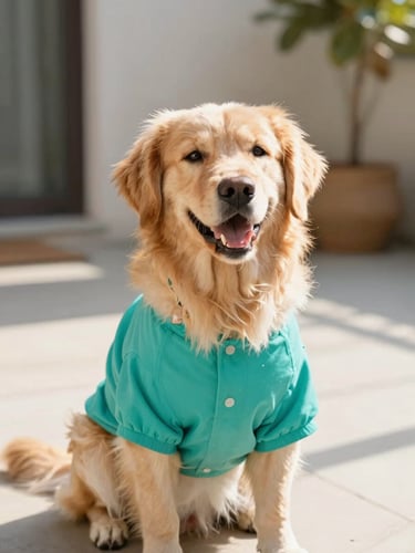 A happy fluffy golden retriever wearing a vibrant teal handmade dog shirt, sitting in bright warm natural daylight on a clean patio, eye-level shot, shallow depth of field, 50mm