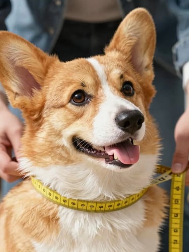 Close-up of a tailor measuring a cheerful Pembroke Welsh Corgi with a soft yellow measuring tape, bright natural daylight, warm editorial photography, 50mm