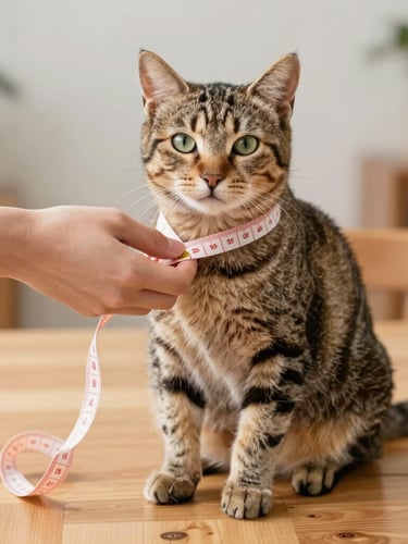 A calm tabby cat sitting on a clean wooden table while a hand gently wraps a soft measuring tape around its chest, bright warm daylight, shallow depth of field