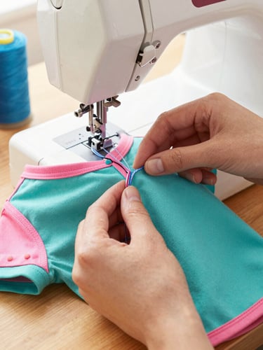 Close-up of hands carefully stitching a colorful teal and pink pet shirt on a wooden table, sewing machine and spools of thread visible, warm natural light, shallow depth of field, 50mm