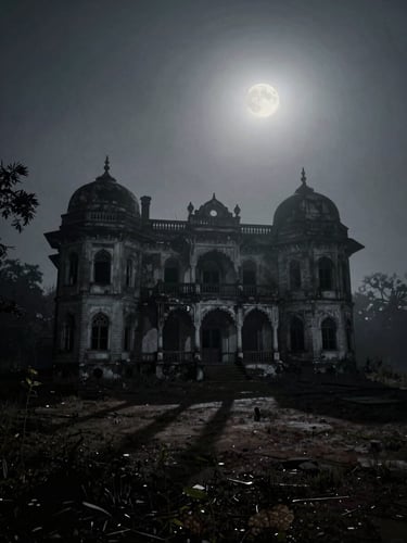 Eerie abandoned colonial mansion in Punjab, heavy mist, moonlight casting long gothic shadows, desaturated dark tones, 35mm film grain