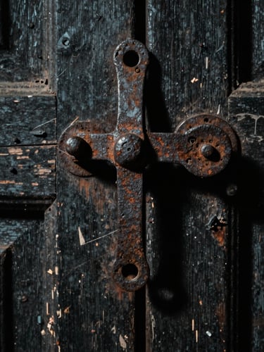 Extreme close-up of an ancient rusted iron door latch on a decaying wooden door, dark moody shadows, eerie South Asian gothic aesthetic, 35mm film grain