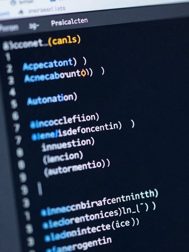 Macro shot of clean financial automation code executing on a dark terminal screen, illuminated by a sharp electric blue light, high contrast.