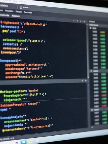Macro straight-on crop of a financial terminal displaying clean code and real-time data pipelines, dark mode interface, sharp focus, cool studio lighting.