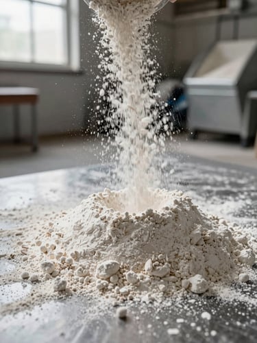 Extreme close-up of fine wheat flour poured from above onto a steel surface, bright natural daylight from a facility window, flour particles suspended mid-air, texture sharp and dry, industrial mill floor visible at soft focus in background