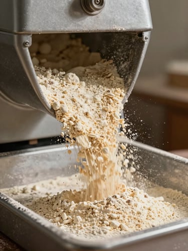 Extreme close-up of atta flour spilling from a milling machine outlet onto a steel collection tray, bright overhead natural daylight, fine flour particles suspended mid-air, warm wheat-gold tones against grey steel