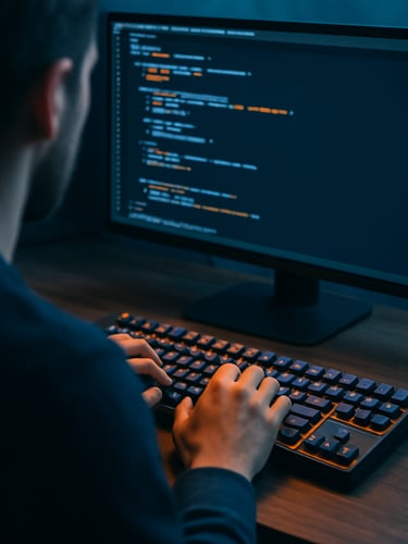 Over-the-shoulder perspective of a developer typing code on a mechanical keyboard, terminal window open with clean code, safety orange and electric blue ambient highlights, sharp 35mm