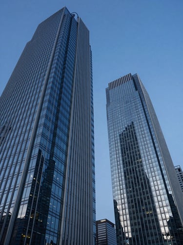 Wide-angle photograph of high-end corporate architecture, glass and steel skyscraper facades reflecting a deep blue twilight sky, sharp clean lines, luxury financial district aesthetic.