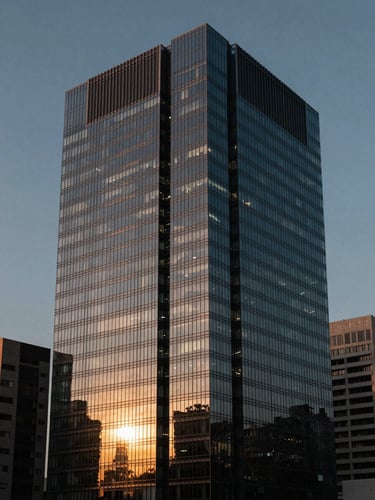 Minimalist corporate high-rise glass facade overlooking the São Paulo financial district at twilight, sharp geometric angles, low-key dramatic lighting with warm gold reflections.