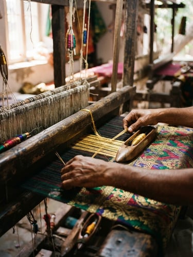 Warm editorial photography of hands guiding golden zari threads on a traditional wooden loom, high-contrast natural sunlight, rich saturated jewel tones, 35mm