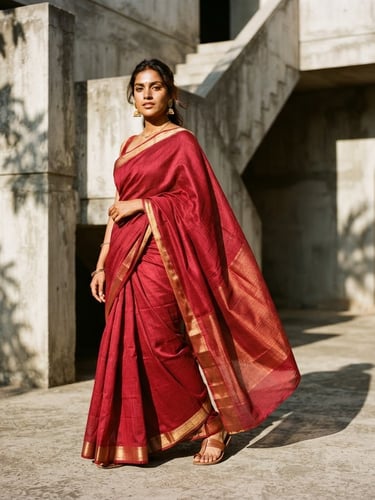 Warm editorial photography of a modern South Asian woman draped in a deep crimson silk saree, standing in a minimalist concrete architectural courtyard, high-contrast sunlight, sharp dramatic shadows, 35mm.
