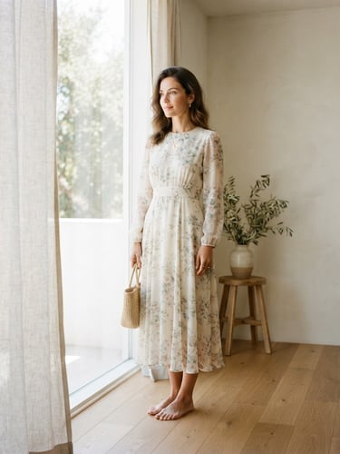 Elegant woman in a cream-colored modest dress with soft floral prints, standing in a bright minimalist sunlit room, editorial fashion photography, 35mm