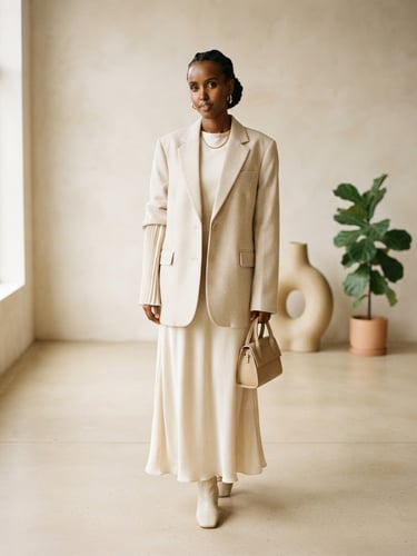 Elegant modest fashion model in a minimalist cream-toned indoor studio, soft natural side light, high-end editorial styling