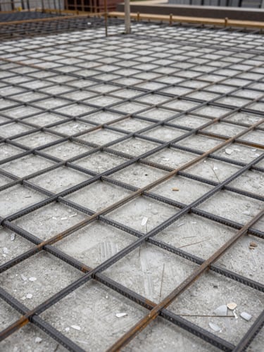 Close-up wide shot of precisely tied rebar grid on a concrete slab, overcast daylight, sharp material texture visible, no people, organized and methodical construction detail